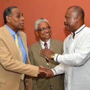 H. Carl McCall (left) meeting with UWI vice chancellor Nigel Harris (center), and Hillary Beckles (right), incoming vice chancellor
